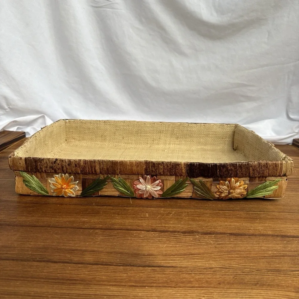 Vintage Rustic Bark Look Decorative Basket Tray Floral Trim Burlap Lined Decor